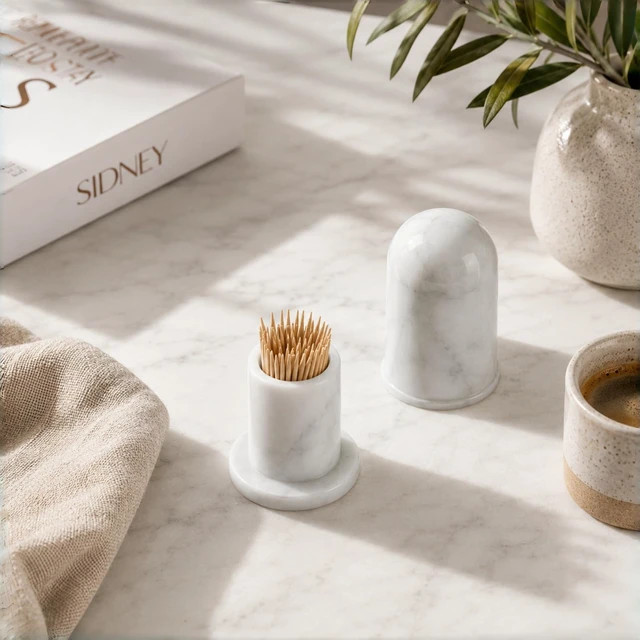 Alt view image 2 of 2 - Marble Toothpick Holder with Lid, Countertop Organizer | Natural marble stone, small countertop size, with lid to keep clean, kitchen table dining room decor, gift for housewarming