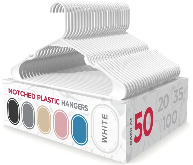 Main image of Plastic Hangers Clothes Hangers for Clothing, Closet, Coats & Shirts - Notched, Durable, Space Saving - for Everyday Standard Use, Room Essentials & Basics - 50 Pack - White