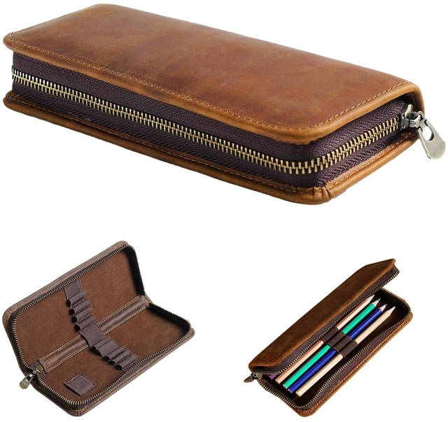 Main image of Leather Pencil Case Organizer 10 Slots, Portable Pouch for Fountain Pen | 10-Slot Large Capacity, Fits All Types of Pens, Durable Zipper, Slim Portable Design(brown)