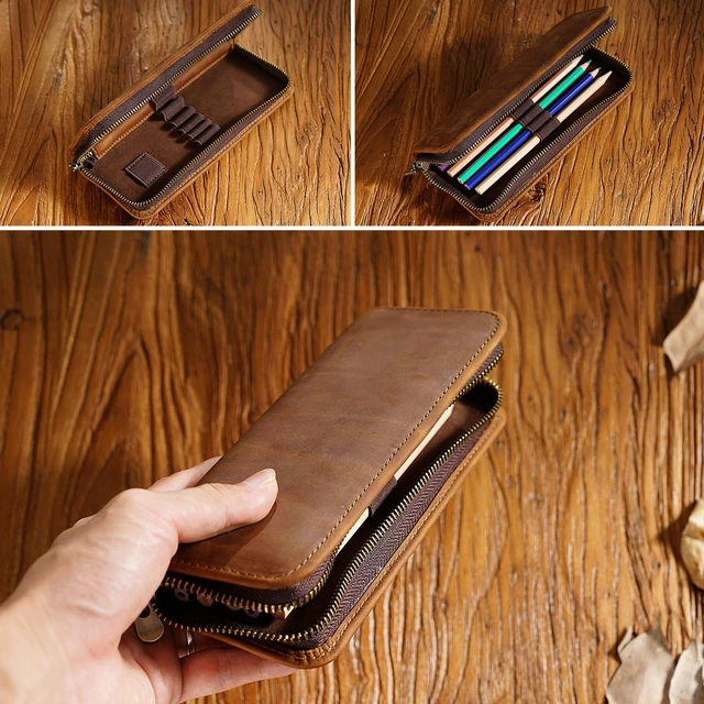 Alt view image 4 of 7 - Leather Pencil Case Organizer 10 Slots, Portable Pouch for Fountain Pen | 10-Slot Large Capacity, Fits All Types of Pens, Durable Zipper, Slim Portable Design(brown)