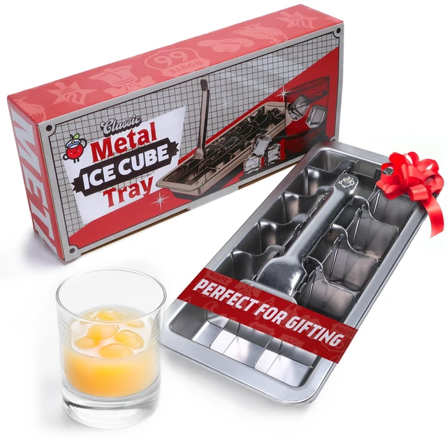 Main image of Metal Stainless Steel Ice Cube Trays with Lever, 18 cubes | Vintage Retro Design, 11 Inch, Non Toxic, BPA Free, Plastic Free, No Aluminum, Dishwasher Safe, Cocktails and Whiskey