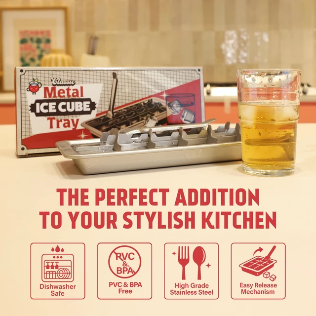 Alt view image 3 of 7 - Metal Stainless Steel Ice Cube Trays with Lever, 18 cubes | Vintage Retro Design, 11 Inch, Non Toxic, BPA Free, Plastic Free, No Aluminum, Dishwasher Safe, Cocktails and Whiskey