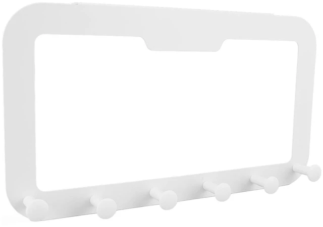 Main image of Over Door Hook Rack, 6 Hooks Slim White | 15.7 x 8.7 in Size, PS Carbon Steel Build, Traceless Adhesive Mount, Bedroom Bathroom Use