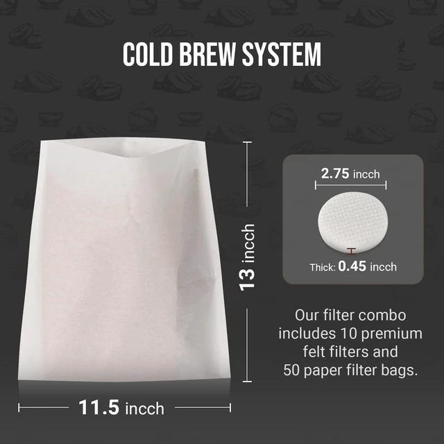 Alt view image 2 of 6 - Complete Cold Brew Coffee Filter Replacement Set Includes 10 Reusable Felt Filters and 50 Paper Filter Bags Compatible Cold Brew Maker Systems