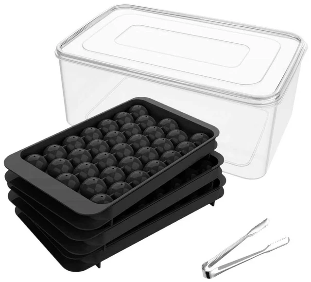 Main image of Ice Cube Tray with Lid and Bin, 1" Round Ice Trays for Freezer | 3 Black Ice Cube Trays with Ice Box & Tong, 1" Round Ice Balls for Iced Coffee & Juice, Easy Twist Release, For Gatherings