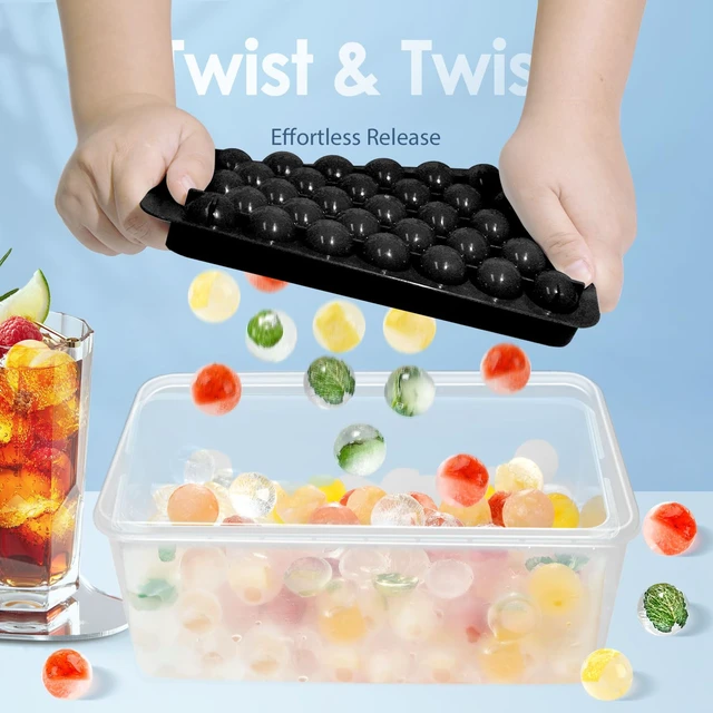 Alt view image 2 of 7 - Ice Cube Tray with Lid and Bin, 1" Round Ice Trays for Freezer | 3 Black Ice Cube Trays with Ice Box & Tong, 1" Round Ice Balls for Iced Coffee & Juice, Easy Twist Release, For Gatherings