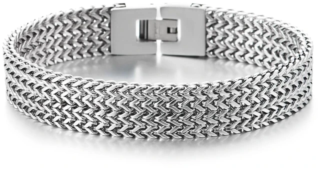 Main image of Men's Wide Stainless Steel Woven Mesh Bracelet, Flat Wheat Link Chain Jewelry, Industrial Masculine Fashion Gift for Him