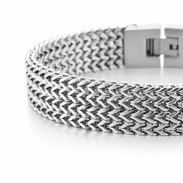 Alt view image 4 of 7 - Men's Wide Stainless Steel Woven Mesh Bracelet, Flat Wheat Link Chain Jewelry, Industrial Masculine Fashion Gift for Him