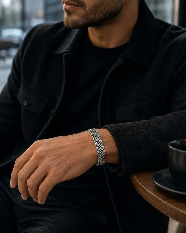 Alt view image 2 of 7 - Men's Wide Stainless Steel Woven Mesh Bracelet, Flat Wheat Link Chain Jewelry, Industrial Masculine Fashion Gift for Him