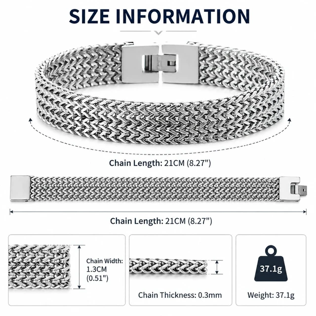 Alt view image 5 of 7 - Men's Wide Stainless Steel Woven Mesh Bracelet, Flat Wheat Link Chain Jewelry, Industrial Masculine Fashion Gift for Him