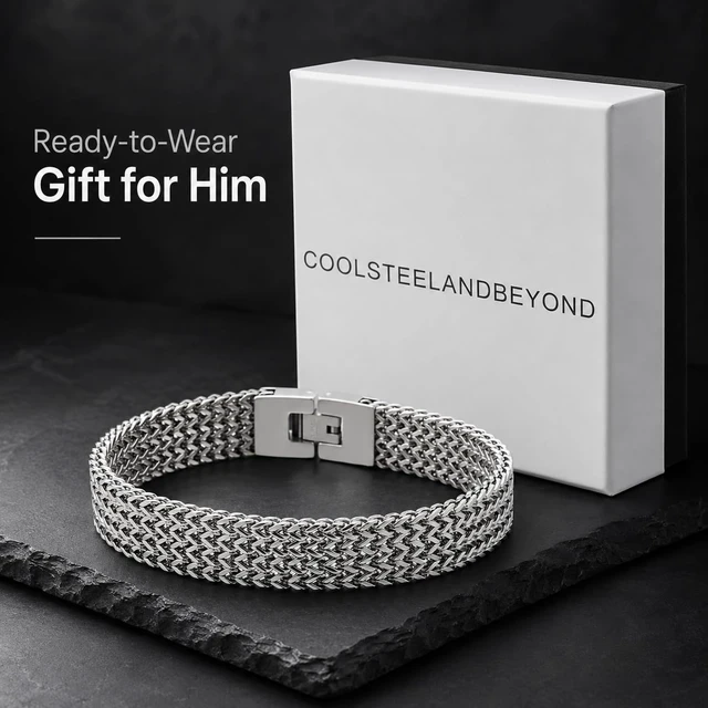 Alt view image 6 of 7 - Men's Wide Stainless Steel Woven Mesh Bracelet, Flat Wheat Link Chain Jewelry, Industrial Masculine Fashion Gift for Him