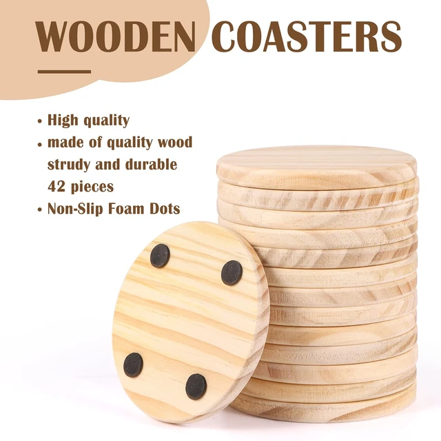 Alt view image 3 of 7 - 42 Pieces Unfinished Wood Coasters, 4 Inch Round Blank Wooden Coasters for Crafts with Non-Slip Silicon Dots for DIY Stained Painting Wood Engraving Home Christmas Decoration