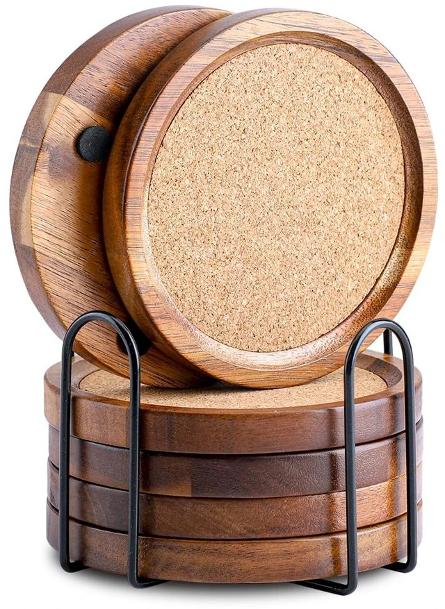 Main image of Wood Cork Coasters for Drinks Absorbent with Holder, WLWNWFT Acacia Wood Coaster Sets Rustic Farmhouse for Coffee Table Dining Table Wooden Table Coasters for Desk, Set of 6 4.33in