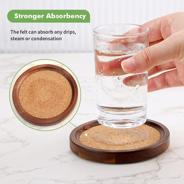 Alt view image 3 of 7 - Wood Cork Coasters for Drinks Absorbent with Holder, WLWNWFT Acacia Wood Coaster Sets Rustic Farmhouse for Coffee Table Dining Table Wooden Table Coasters for Desk, Set of 6 4.33in