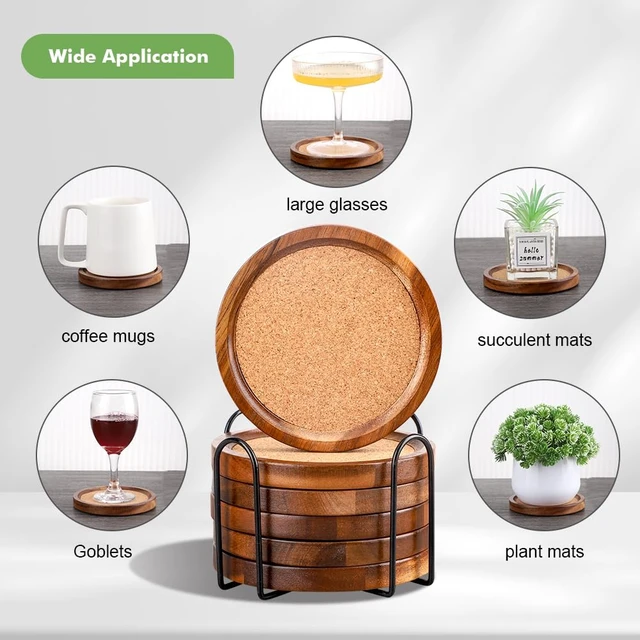 Alt view image 4 of 7 - Wood Cork Coasters for Drinks Absorbent with Holder, WLWNWFT Acacia Wood Coaster Sets Rustic Farmhouse for Coffee Table Dining Table Wooden Table Coasters for Desk, Set of 6 4.33in