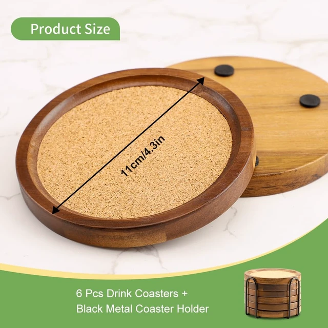 Alt view image 5 of 7 - Wood Cork Coasters for Drinks Absorbent with Holder, WLWNWFT Acacia Wood Coaster Sets Rustic Farmhouse for Coffee Table Dining Table Wooden Table Coasters for Desk, Set of 6 4.33in