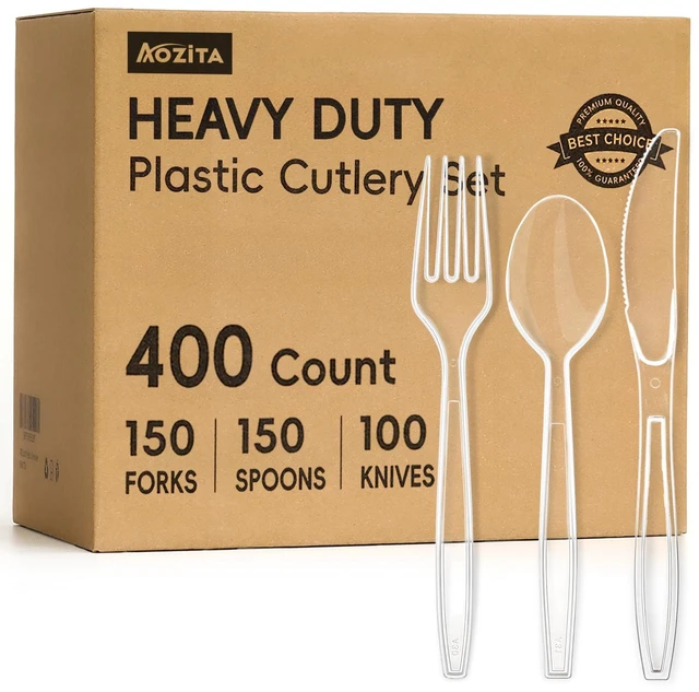 Main image of 400 Count Heavy Duty Plastic Silverware, BPA-Free, Clear Plastic Cutlery Set, Premium Disposable Utensils for Party Everyday Use, 150 Forks, 150 Spoons and 100 Knives