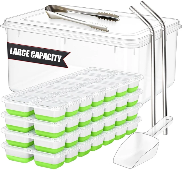 Main image of 56pcs Ice Cube Tray with Lid and Bin Stackable 4 Trays Plastic Silicone Freezer Mold, Large Ice Bucket with Scoop, Tong & 2 SS Straws Easy Release Ice Maker for Cocktail, Coffee, RV, Whiskey