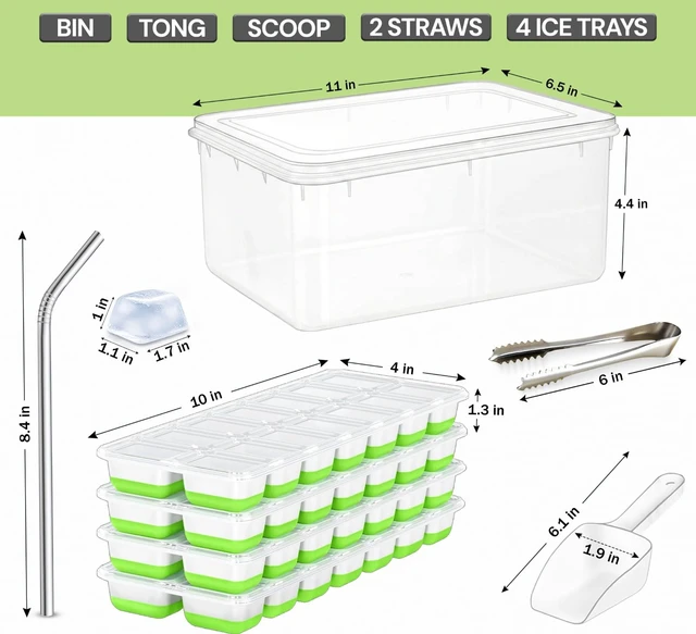 Alt view image 2 of 7 - 56pcs Ice Cube Tray with Lid and Bin Stackable 4 Trays Plastic Silicone Freezer Mold, Large Ice Bucket with Scoop, Tong & 2 SS Straws Easy Release Ice Maker for Cocktail, Coffee, RV, Whiskey