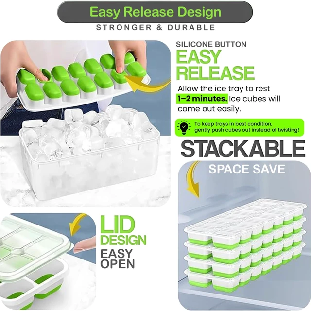 Alt view image 3 of 7 - 56pcs Ice Cube Tray with Lid and Bin Stackable 4 Trays Plastic Silicone Freezer Mold, Large Ice Bucket with Scoop, Tong & 2 SS Straws Easy Release Ice Maker for Cocktail, Coffee, RV, Whiskey