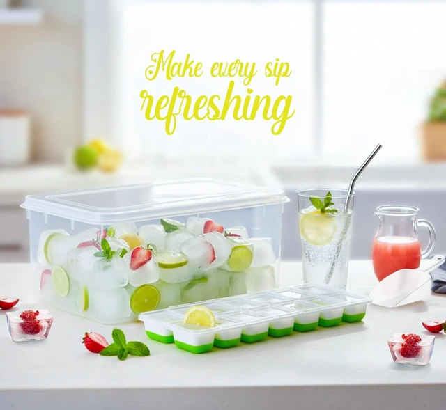Alt view image 4 of 7 - 56pcs Ice Cube Tray with Lid and Bin Stackable 4 Trays Plastic Silicone Freezer Mold, Large Ice Bucket with Scoop, Tong & 2 SS Straws Easy Release Ice Maker for Cocktail, Coffee, RV, Whiskey