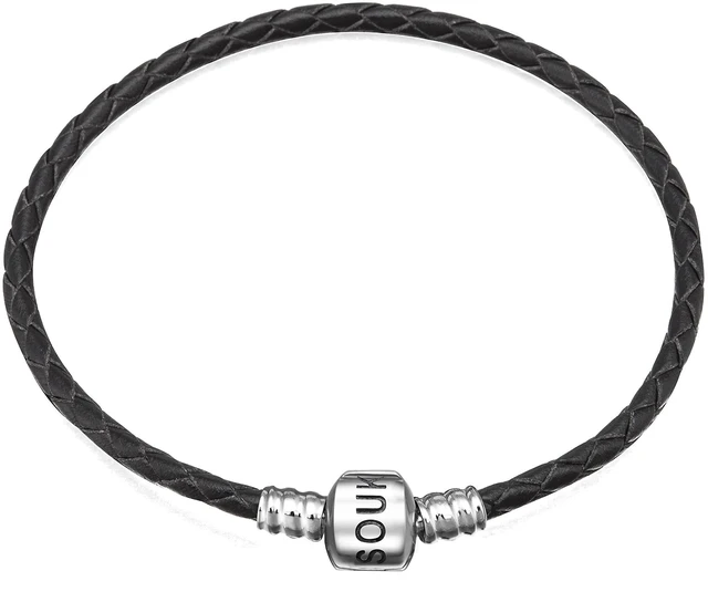 Main image of Genuine Black Leather Woven Bracelet with 925 Sterling Silver Barrel Snap Clasp Bead Bracelet for Charms (17 cm-6.7inches)
