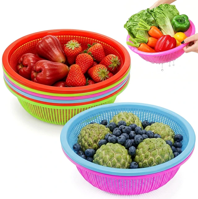 Main image of 8 Pieces Plastic Wash Basket, Fruit Perforated Strainer for Kitchen | Essentials Kitchen Tool Large Food Strainer Basket for Vegetables, Cooked Pasta, Red, Blue, Green, Pink