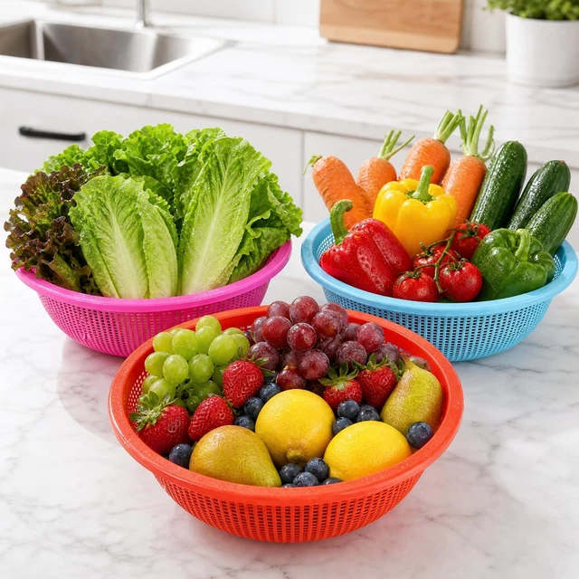 Alt view image 6 of 7 - 8 Pieces Plastic Wash Basket, Fruit Perforated Strainer for Kitchen | Essentials Kitchen Tool Large Food Strainer Basket for Vegetables, Cooked Pasta, Red, Blue, Green, Pink