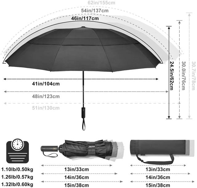 Alt view image 2 of 7 - 46/54/62 Inch Large Golf Umbrella Windproof Reverse Travel Umbrella | Inverted Folding Umbrella for Rain, Windproof Double Canopy, Auto Open Close, 10 Ribs, Compact, for Bag/Backpack, 2 people