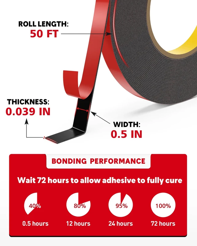 Alt view image 5 of 7 - Double Sided Tape Heavy Duty, Strong Adhesive, 50ft x 0.5in | Outdoor Waterproof, Double Face Stick Foam Mounting Tape for LED Strip Lights Walls Automotive Trim Home Office Decor, 1 Pack