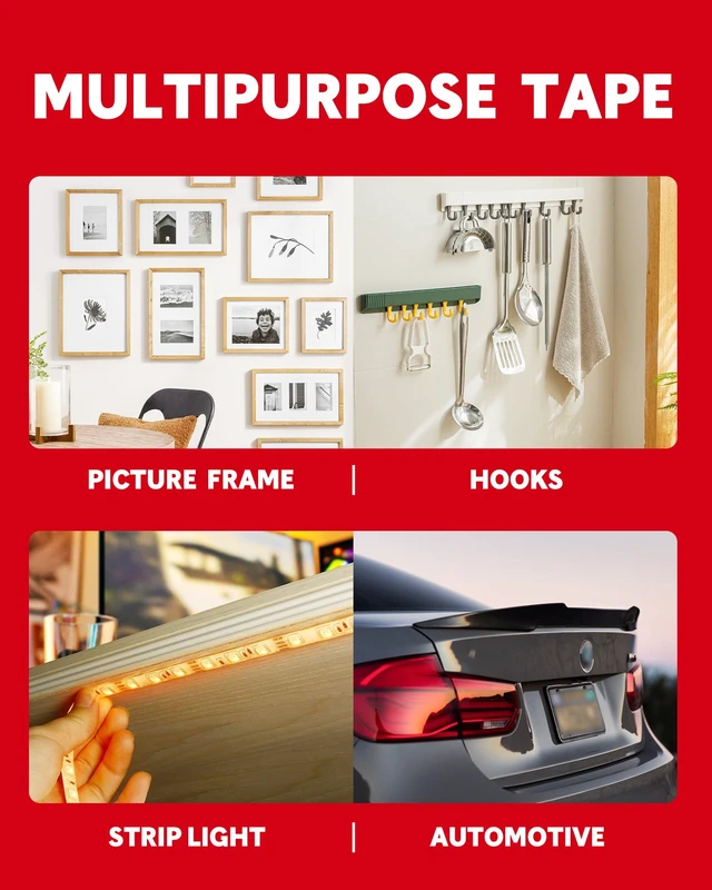 Alt view image 6 of 7 - Double Sided Tape Heavy Duty, Strong Adhesive, 50ft x 0.5in | Outdoor Waterproof, Double Face Stick Foam Mounting Tape for LED Strip Lights Walls Automotive Trim Home Office Decor, 1 Pack
