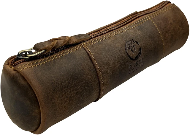 Main image of Leather Pencil Case - Full Grain Leather Zippered Pen Pouch - Stationery Bag Pen Holder for Work & Office, Brown, M, Pc200505flr-tan