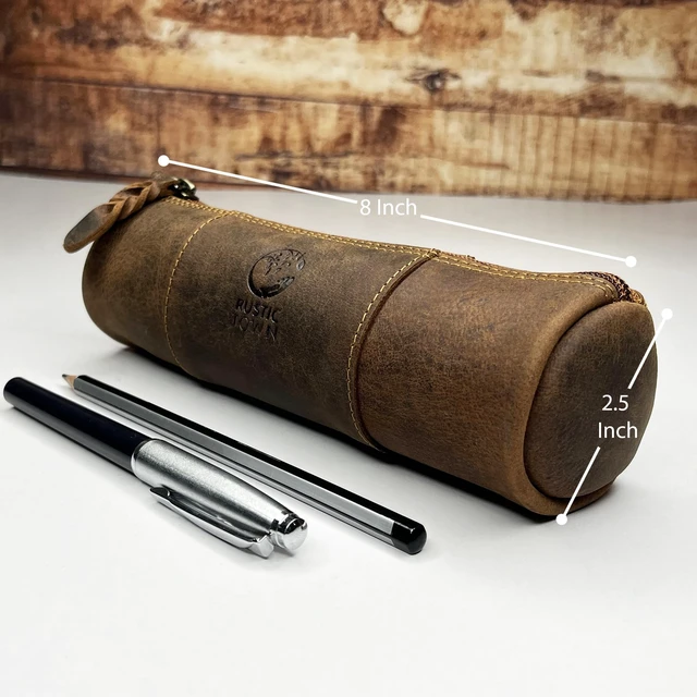 Alt view image 3 of 6 - Leather Pencil Case - Full Grain Leather Zippered Pen Pouch - Stationery Bag Pen Holder for Work & Office, Brown, M, Pc200505flr-tan