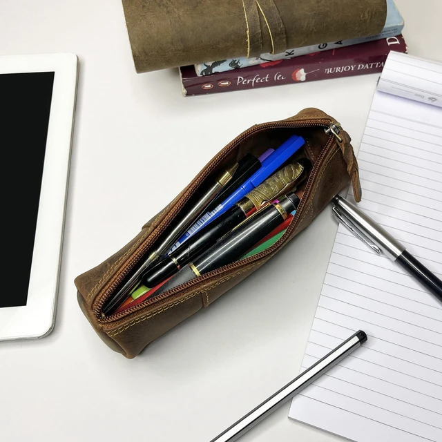 Alt view image 4 of 6 - Leather Pencil Case - Full Grain Leather Zippered Pen Pouch - Stationery Bag Pen Holder for Work & Office, Brown, M, Pc200505flr-tan