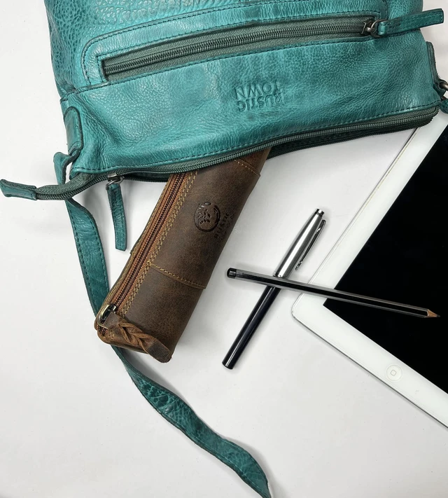 Alt view image 2 of 6 - Leather Pencil Case - Full Grain Leather Zippered Pen Pouch - Stationery Bag Pen Holder for Work & Office, Brown, M, Pc200505flr-tan