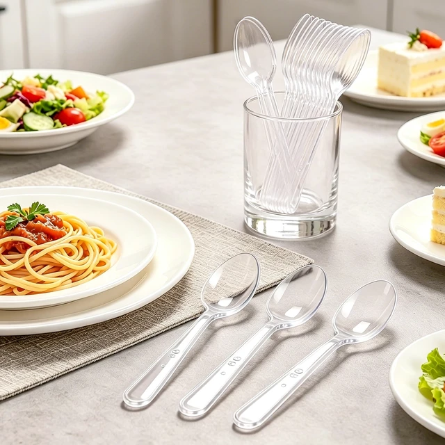 Alt view image 6 of 7 - 360 Count Clear Plastic Spoons Disposable Heavy Duty Cutlery Set | Heat Resistant and BPA-Free Plastic Spoons Bulk Extra Durable for Parties, Wedding and Daily Use