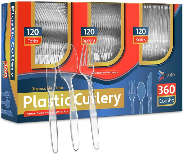 Main image of 360 Count Clear Plastic Silverware Set Disposable Cutlery | 120 Forks, 120 Spoons, 120 Knives, Heavy Duty BPA Free, Premium Clear Plasticware for Party Supplies