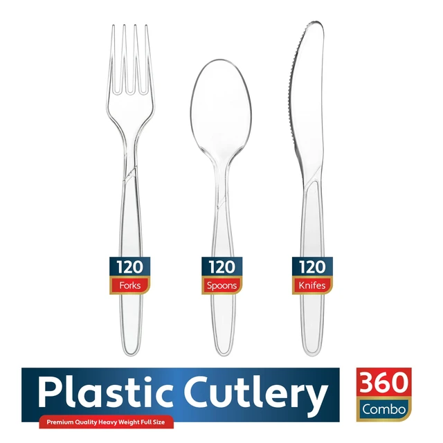 Alt view image 2 of 5 - 360 Count Clear Plastic Silverware Set Disposable Cutlery | 120 Forks, 120 Spoons, 120 Knives, Heavy Duty BPA Free, Premium Clear Plasticware for Party Supplies