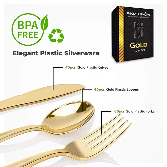 Alt view image 2 of 7 - Gold Plastic Silverware Set (160 Bulk Pack) Disposable Cutlery Utensils, 80 Forks, 40 Knives, 40 Spoons, Heavy Duty Flatware For Holidays, Parties, Dinners, Weddings, and Occasions