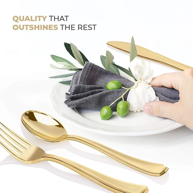 Alt view image 3 of 7 - Gold Plastic Silverware Set (160 Bulk Pack) Disposable Cutlery Utensils, 80 Forks, 40 Knives, 40 Spoons, Heavy Duty Flatware For Holidays, Parties, Dinners, Weddings, and Occasions