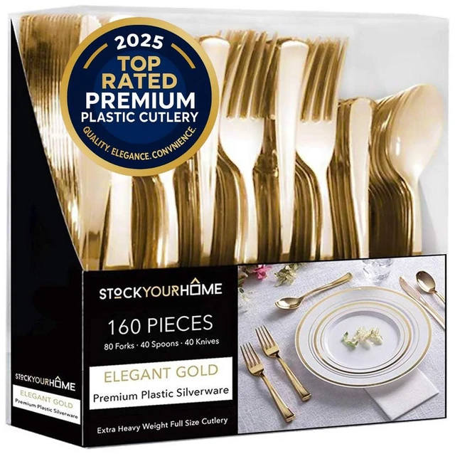 Main image of Gold Plastic Silverware Set (160 Bulk Pack) Disposable Cutlery Utensils, 80 Forks, 40 Knives, 40 Spoons, Heavy Duty Flatware For Holidays, Parties, Dinners, Weddings, and Occasions