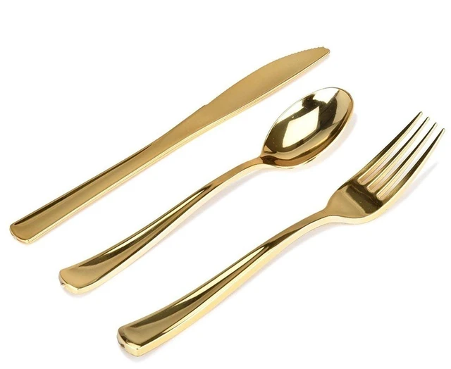Alt view image 7 of 7 - Gold Plastic Silverware Set (160 Bulk Pack) Disposable Cutlery Utensils, 80 Forks, 40 Knives, 40 Spoons, Heavy Duty Flatware For Holidays, Parties, Dinners, Weddings, and Occasions