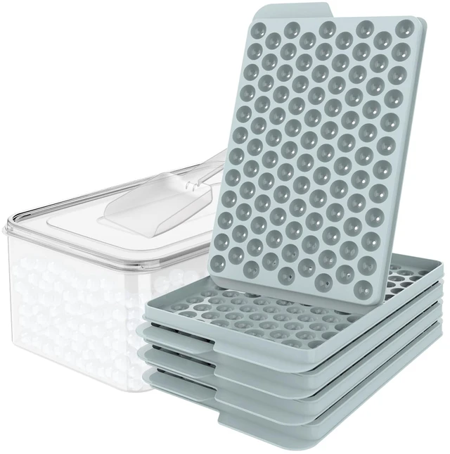 Main image of Mini Ice Cube Trays for Freezer with Lid, 0.55" Pebble Ice | 4 Trays-Blue, with Ice Box & Scoop. for Coffee, Bottle, Juice & Drinks, Easy Twist Release, Stackable