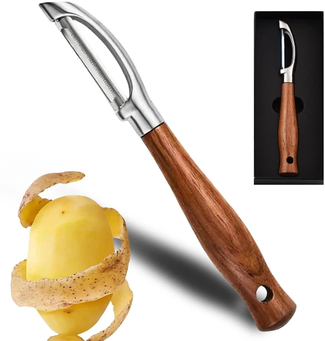 Main image of Premium Potato Peeler, Fruit And Vegetable Peelers For Kitchen | 420J2 Ultra Sharp Serrated Swivel Blades, 304 Head, Durable & Rust Resistant, Non-Slip Real Wooden Handle, I-Shaped, Gift Box