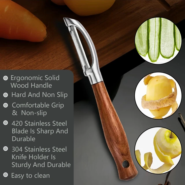 Alt view image 5 of 7 - Premium Potato Peeler, Fruit And Vegetable Peelers For Kitchen | 420J2 Ultra Sharp Serrated Swivel Blades, 304 Head, Durable & Rust Resistant, Non-Slip Real Wooden Handle, I-Shaped, Gift Box