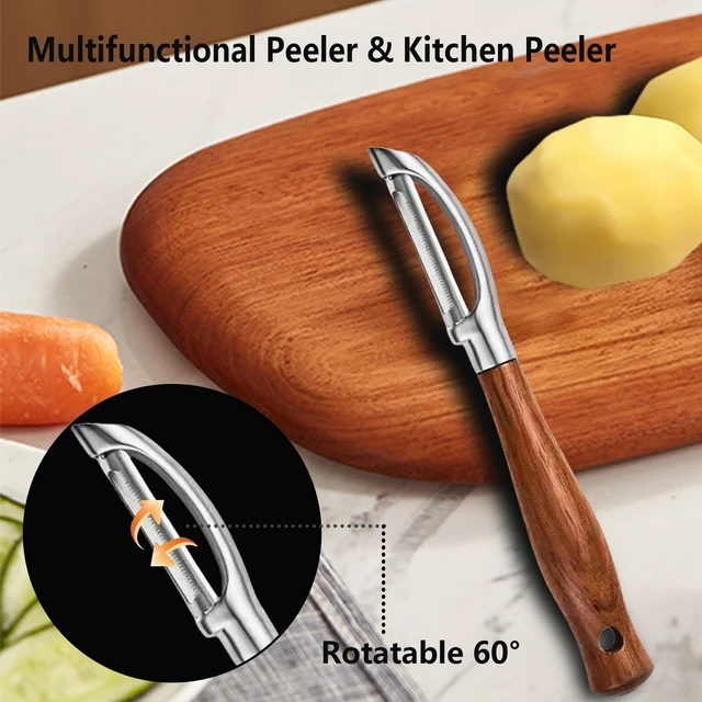 Alt view image 2 of 7 - Premium Potato Peeler, Fruit And Vegetable Peelers For Kitchen | 420J2 Ultra Sharp Serrated Swivel Blades, 304 Head, Durable & Rust Resistant, Non-Slip Real Wooden Handle, I-Shaped, Gift Box