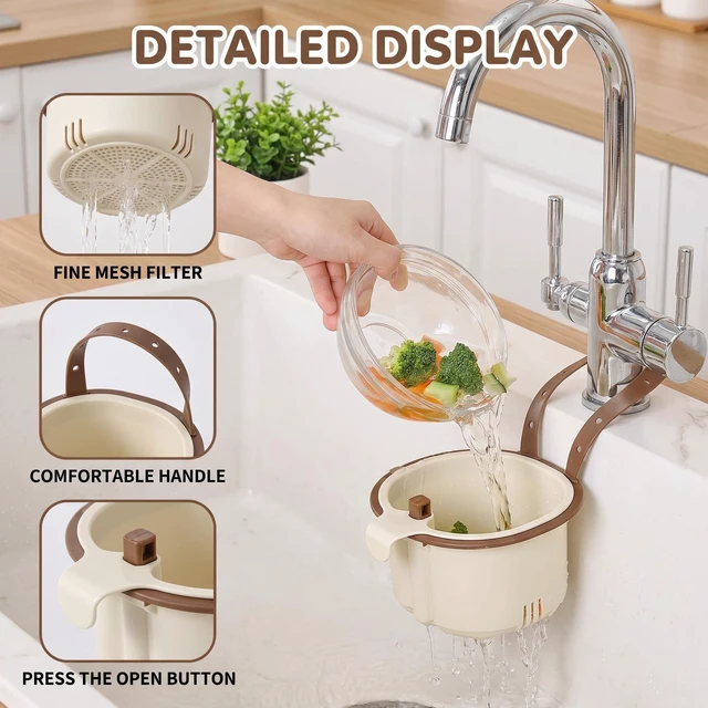 Alt view image 2 of 7 - Hanging Sink Drain Basket, Kitchen Sink Strainer Basket, Sink Drain Strainer Self Cleaning Multifunctional Hanging Sink Drain Basket for Draining, Washing, Storage (Green+Brown)