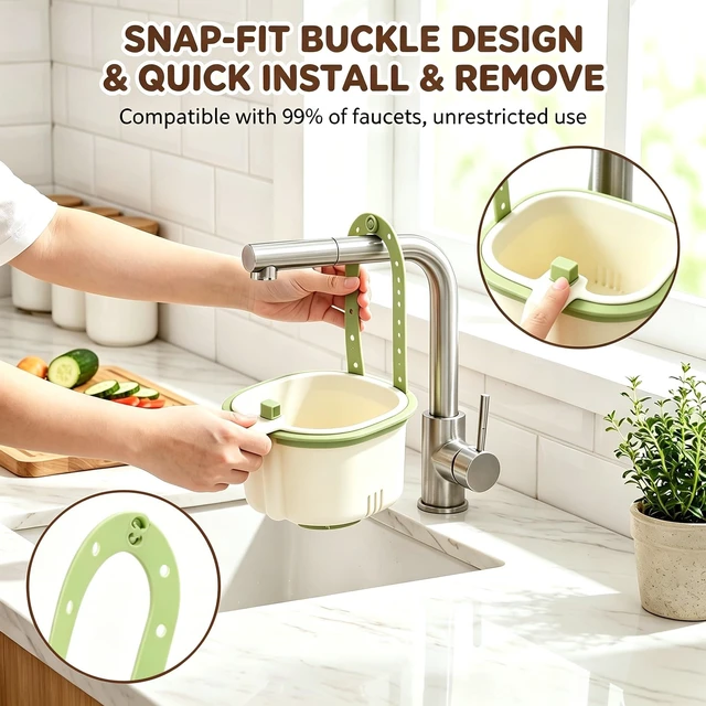Alt view image 3 of 7 - Hanging Sink Drain Basket, Kitchen Sink Strainer Basket, Sink Drain Strainer Self Cleaning Multifunctional Hanging Sink Drain Basket for Draining, Washing, Storage (Green+Brown)
