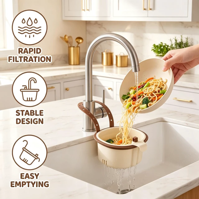 Alt view image 4 of 7 - Hanging Sink Drain Basket, Kitchen Sink Strainer Basket, Sink Drain Strainer Self Cleaning Multifunctional Hanging Sink Drain Basket for Draining, Washing, Storage (Green+Brown)