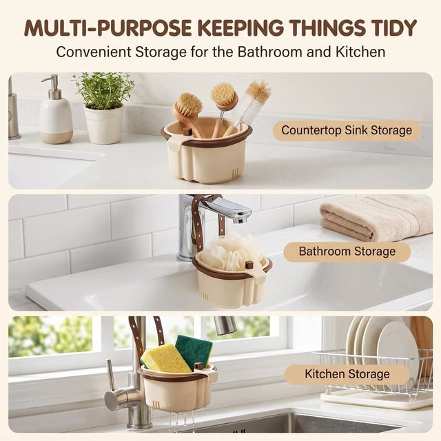 Alt view image 5 of 7 - Hanging Sink Drain Basket, Kitchen Sink Strainer Basket, Sink Drain Strainer Self Cleaning Multifunctional Hanging Sink Drain Basket for Draining, Washing, Storage (Green+Brown)